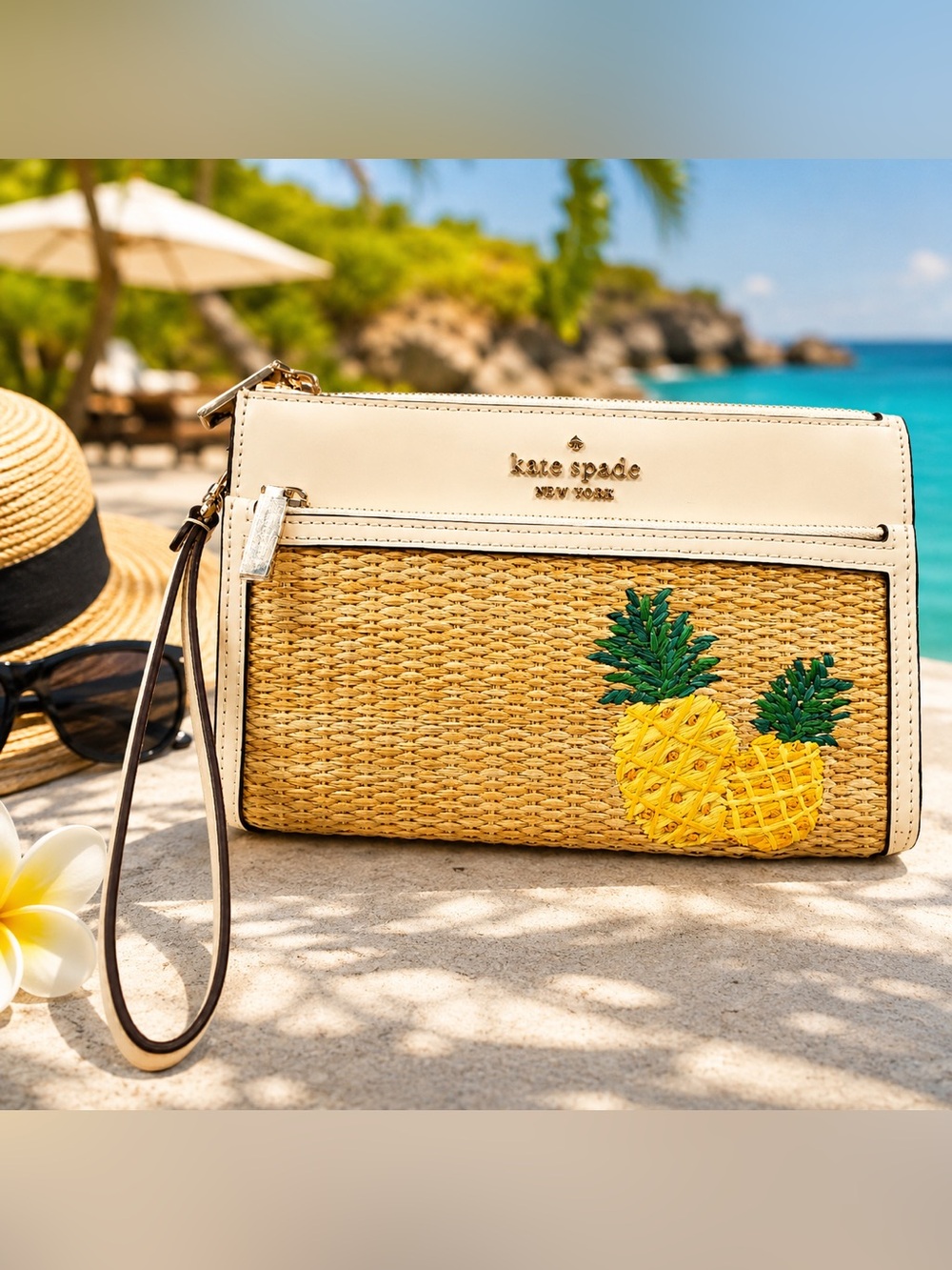 Kate Spade New York Pineapple Straw Wristlet Clutch | Summer Resort Woven Bag